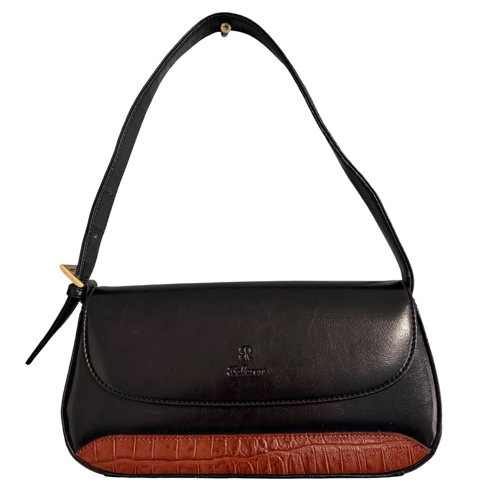 90s Bellerose black‎ leather handbag with a brown crocodile leather bottom - Picture 2 of 7